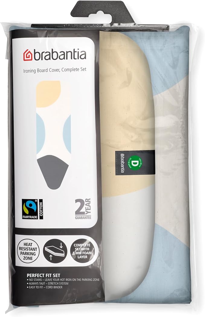 Brabantia Size D (53 x 18 in) Replacement Ironing Board Cover, Heat Resistant Zone, Thick Foam & Felt Padding (Spring Bubbles)