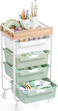 APEXCHASER Plastic Drawer Organizers with Wheels, 4-Tier Rolling Storage Cart with Wooden Top, Plastic Drawer Unit for Kids’ Toys, Office Supplies, Nursery Essentials, and Laundry Storage,Green