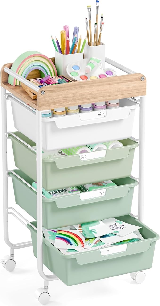 APEXCHASER Plastic Drawer Organizers with Wheels, 4-Tier Rolling Storage Cart with Wooden Top, Plastic Drawer Unit for Kids’ Toys, Office Supplies, Nursery Essentials, and Laundry Storage,Green