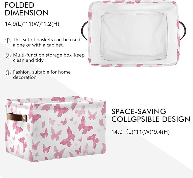 Watercolor Pink Butterfly Storage Basket Bin, Large Cube Storage Box Canvas Collapsible Storage Organizer for Home Office Closet, 2 Pack - 15 L x 11 W x 9.5 H