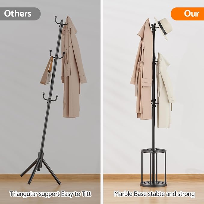 Coat Rack Freestanding, Hat Rack Hall Tree Coat Hanger Umbrella Stand for Entryway, Black Coat Rack with Umbrella Holder, Tree Stand Corner Hall Tree Rack for Hat, Umbrella, Purse, Bag, Clothes
