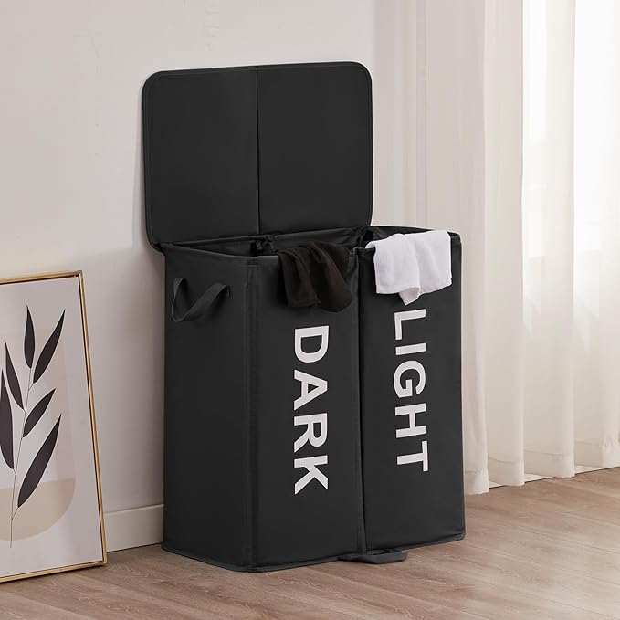 Lifewit 136L Double Laundry Hamper with Lid and Removable Laundry Bags, Large Divided Hamper, Collapsible 2 Section Laundry Basket with Handles for Bedroom, Bathroom, College Dorm, Laundry Room, Black