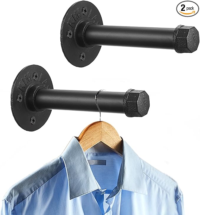 Sumnacon 2 Pcs 5.9 Inch Industrial Pipe Clothes Bar - Heavy Duty Rustic Metal Coat Hanger with Screws, Wall-Mounted Garment Holder Rack for Bedroom/Bathroom/Cabinet/Boutique/Clothing Store, Black