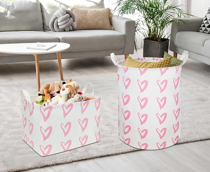 CLOCOR Pink Laundry Basket,Waterproof Baby Girls Nursery Hamper, Girls' Room Decor,Kids Toys Storage Bin,Gift Basket（Pink Heart