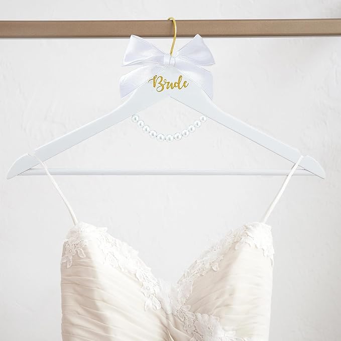 2 Pack Bride and Groom Wedding Hanger Set, Bridal Wedding Dress Hanger with Bow Tie & Pearls for Wedding Gift Bridal Party & Shower
