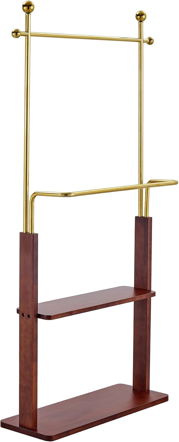 CHANCEE 68.9" Golden Stainless Steel and Walnut Solid Wood Double-Layer Coat Rack, Modern Freestanding Clothes Hanger with Storage Shelf, Multi-Functional Entryway Organizer Cabinet