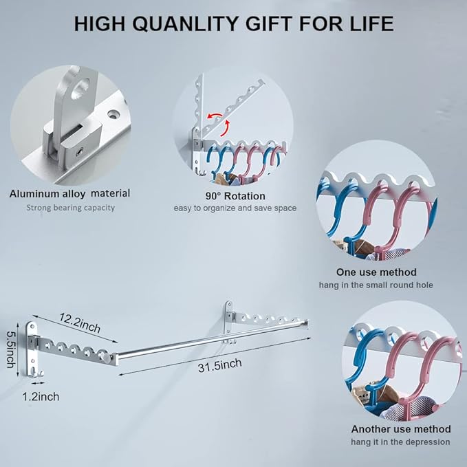 Small Wall Clothes Rail, Aluminium Foldable Drying Rack Hook 90° Rotation Coat Hanger for Laundry Bathroom Balcony (Silver Fixed Seats+Rod)