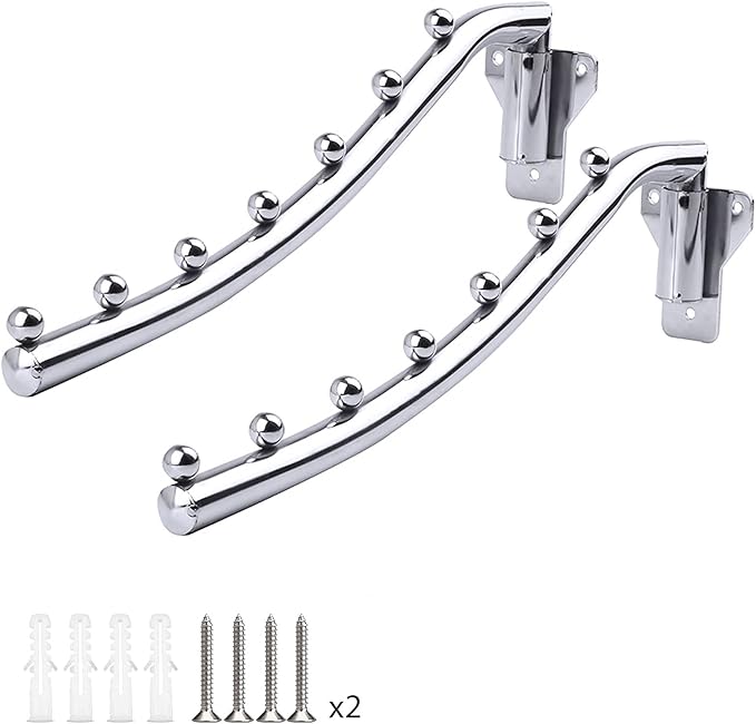 Folding Wall Mount Clothes Hanger Metal, 2 Pack Laundry Drying Rack Foldable with Swing Arm 180°Rotation Stainless Steel Wall Mounted Bathroom Clothes Rack Wardrobe Kitchen Hangers Balcony Coat Hooks