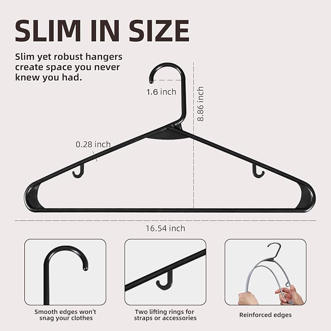 Plastic Hangers Without Notches 20 Pack - Space Saving, Sturdy with Built-in 2 Hooks for Closet Organization