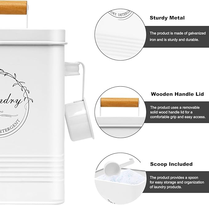 Laundry Detergent Container for Laundry Room Organization and Storage, Modern Farmhouse Metal Laundry Decor Scent Boosters Beads Dispenser With Lid and Hand Scoop, Pods Holder Bin ,White