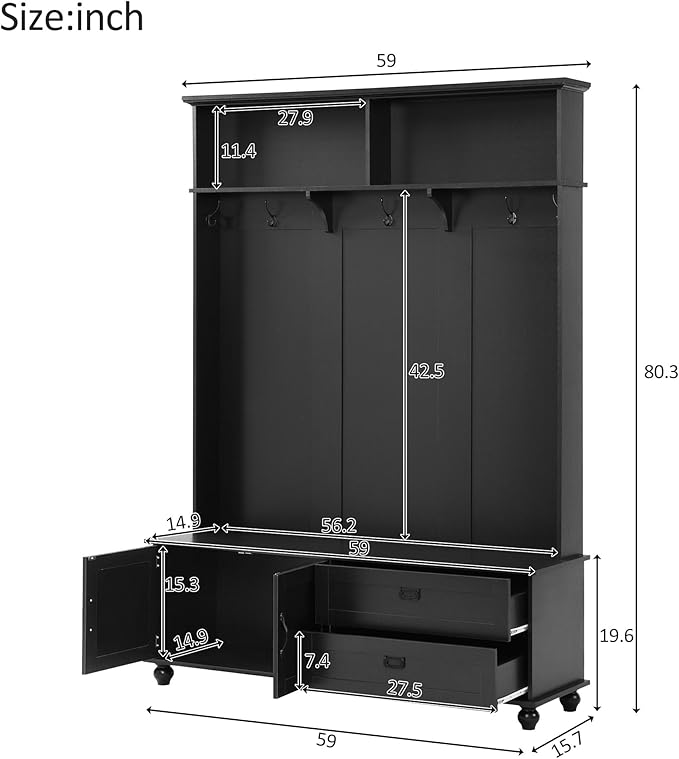 80.3” Tall Hall Tree with Cabinet and 2 Large Drawers, Modern Wooden Coat Hanger with 5 Coat Hooks and 2 Open Shelfs, Storage Bench, Entryway Bench (Black-Storage Cabinet)