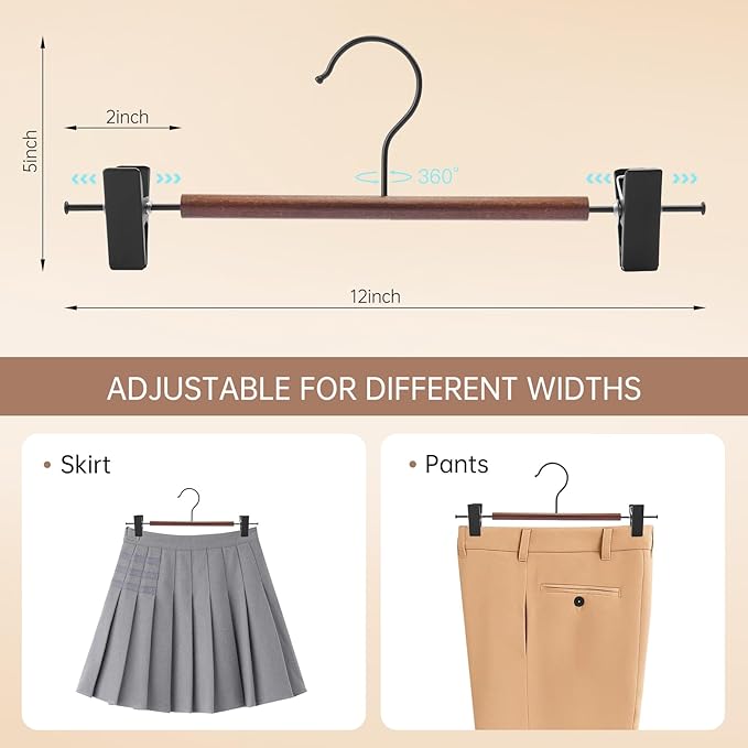 Wooden Pants Hangers with Clips 12 Pack, Heavy Duty Adjustable Clip Non Slip Skirt Hanger for Jeans, Trousers, Short, Clothes, Space Saving Closet Organizer (Black, 12 Pack)