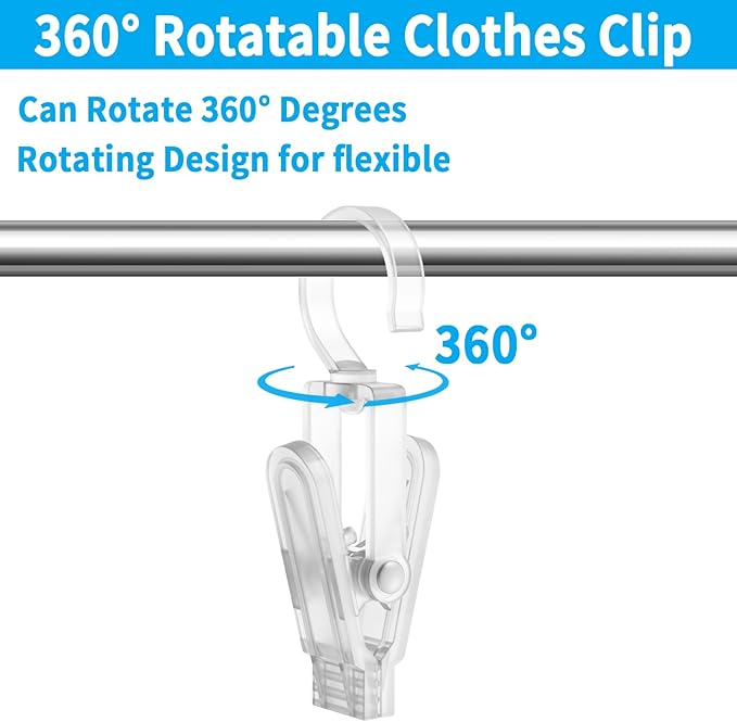 VinBee 20 PCS Laundry Hooks with Clips Super Strong Plastic Home Travel Swivel Hanging Hanger Closet Organizer Clamps Socks Boot Bras Towels for Bathroom Wardrobe Kitchen Office - 4.3 Inches (Clear)