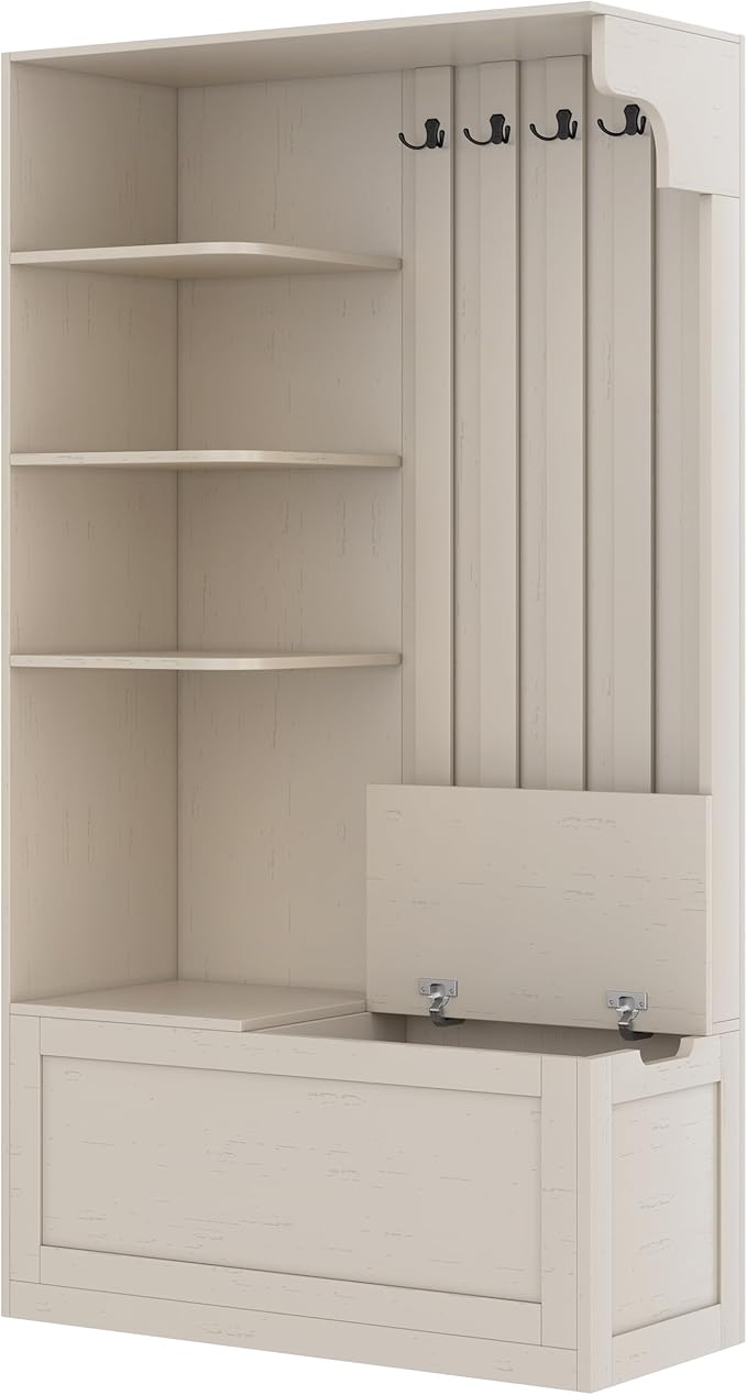 66" H Hall Tree with 4 Hooks, Open Shelving and Flip Hidden Shelf, Multifunctional Left-Right Combination Coat Rack (can be Used Separately), Entryway Bench for Living Room, Hallway (Beige/35)