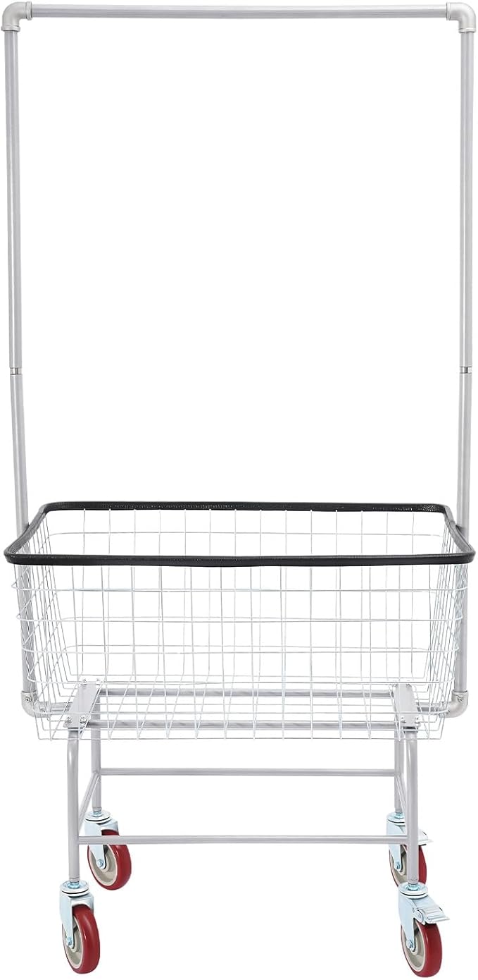 Rolling Laundry Bakset, 27 * 22 * 67Inch Heavy Duty Steel Wire Laundry Cart with Double Pole Rack Rectangular Laundry Hamper Butler Cart with Wheels for Laundries Transporting Clothes Towels