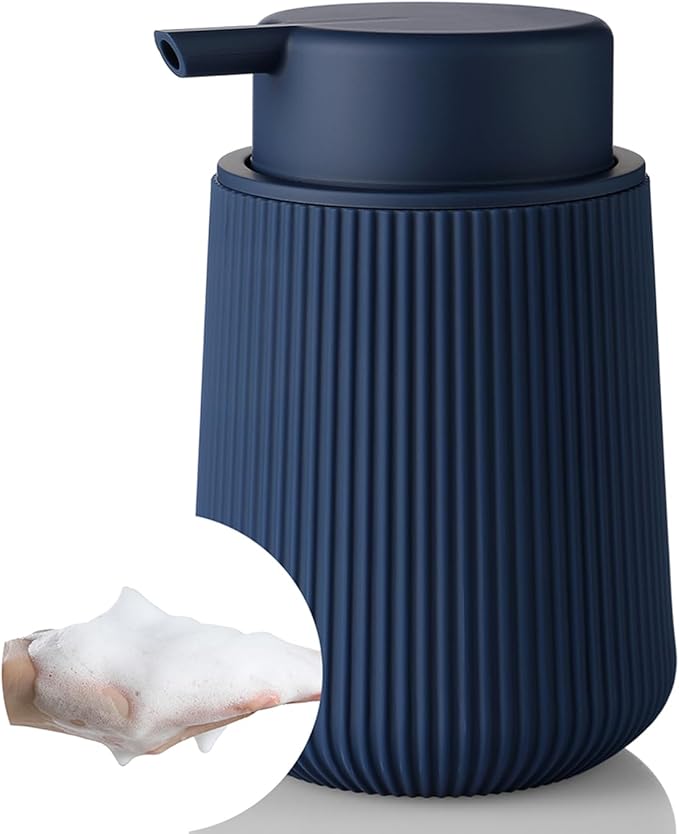 Striped Foaming Hand Soap Dispenser with Leak-Proof Pump for Bathroom and Kitchen Countertop 11oz Navy Blue