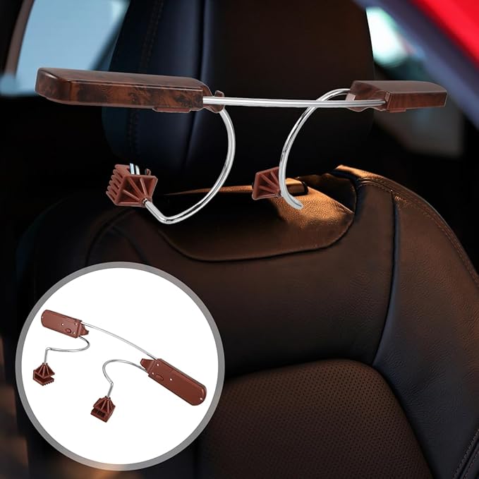 Multifunctional Vehicle Clothes Hanger Rack with Sturdy Wood and Stainless Steel Suit and Jacket Organizer for Car Headrest Space-Saving Garment Rack for Travel and Daily Use