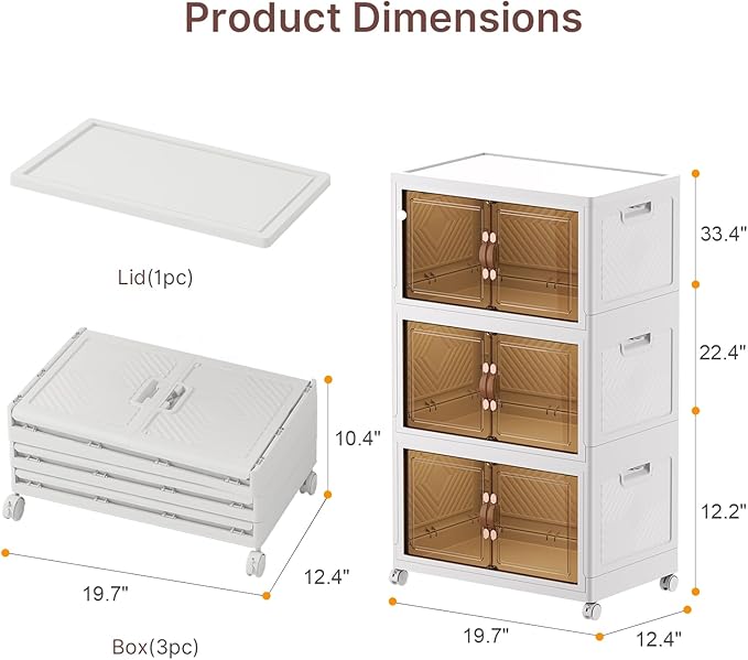 Extra Large Stackable Storage Bins, 48QT*3 Tier Storage Bins with Lids, Folding Storage box with Doors and Wheels, Collapsible Plastic Drawers for Home, Garage, Office (3, White, Medium)