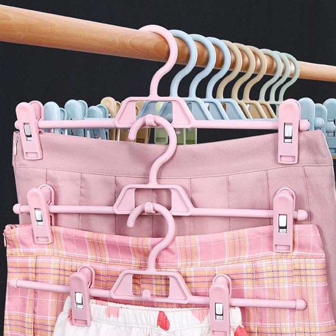 DOITOOL 10 Pcs Pants Hangers with Clips, Space Saving Plastic Hangers, Skirt Hangers for Kids, Women and Girls, Non-Slip Clothes Hangers with Clips for Closet or Laundry Use