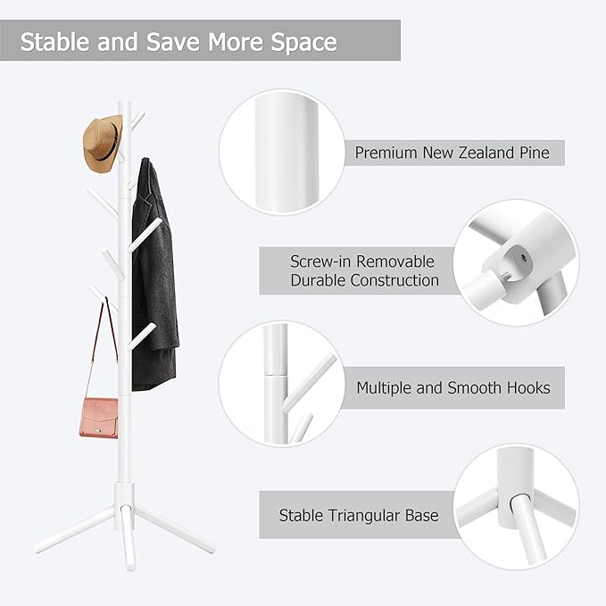 Coat Rack, Coat Racks Freestanding with 8 Hooks 3 Adjustable Heights for Clothes, Hats, Handbags, Coat Tree Easy Assembly for Entryway, Bedroom, Hallway, Office(White 2PCS)
