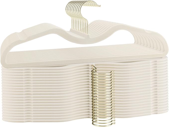 Velvet Short Neck Hangers - Heavy-Duty, Non-Slip Felt Surface, Space-Saving Design with Anti-Slip Grooves & Shoulder Shape, 360° Rotating Hooks, Durable for Coats, Shirt& Dresses (30, Beige B)
