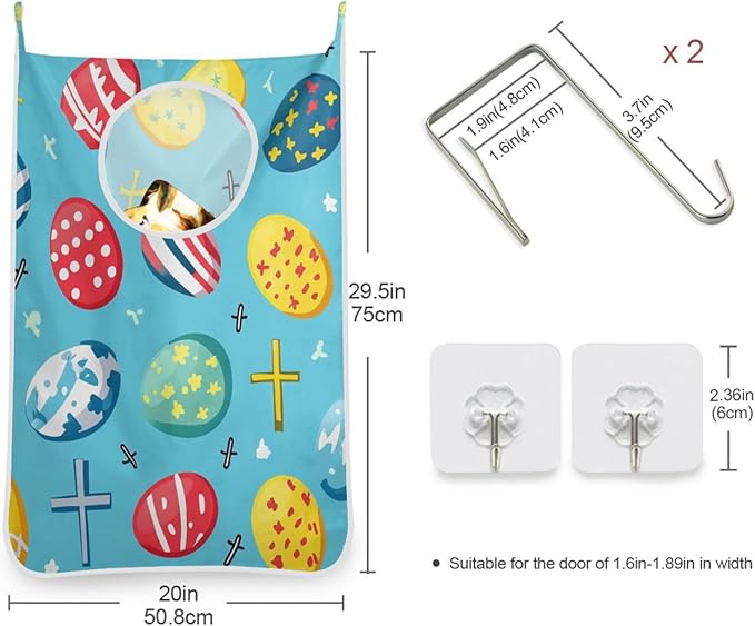 Hanging Laundry Hamper Over the Door with Stainless Steel Hooks Rack Dirty Clothes Wall Mounted Hamper Basket Bag 29.5X20inch Blue Easter Eggs and Nails1