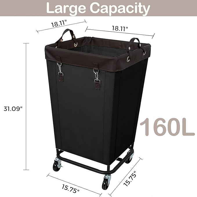 160L Laundry Hamper Sorter with Wheels, Extra Large Laundry Basket Heavy-Duty Rolling Cart with Removable Bags, Laundry Cart for Hotel and Home, Black