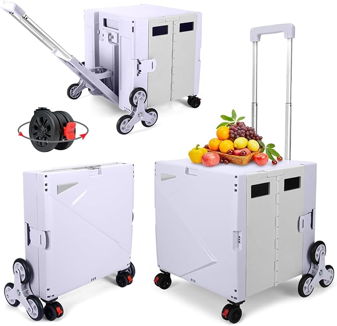 FELICON Folding Climber Utility Cart,Rolling Crate,Tote on Rotate Wheels with Adjustable Handle,Hidden Lid,Cup Holder,Storage Bin for Teacher,Office,File,Move,Shop,Travel,Laundry,Grocery(Purple Gray)