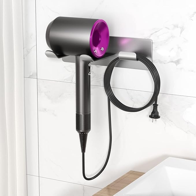 Hair Dryer Holder Wall Mount Compatible with Dyson Hair Dryer, 304 Stainless Steel Hair Dryer Blow Diffuser Holder Organizer Adhesive for The Bathroom Silver