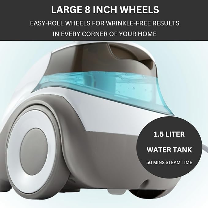 SALAV® Standing Steamer for Clothes, 1500W Powerful Garment Steamer with Roll Wheels, 4 Steam Settings, High Efficiency Stainless Steel Plate, with Limescale Remover Descaler Packets