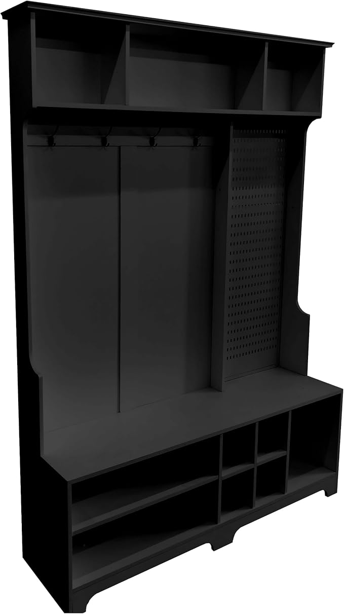 4-in-1 Wide Hall Tree with Shoe Bench, Coat Rack, Shoe Storage, Storage Shelves and Pegboard, Wood Entryway Coat Hanger for Hallways Halls Living Room (Black-757)