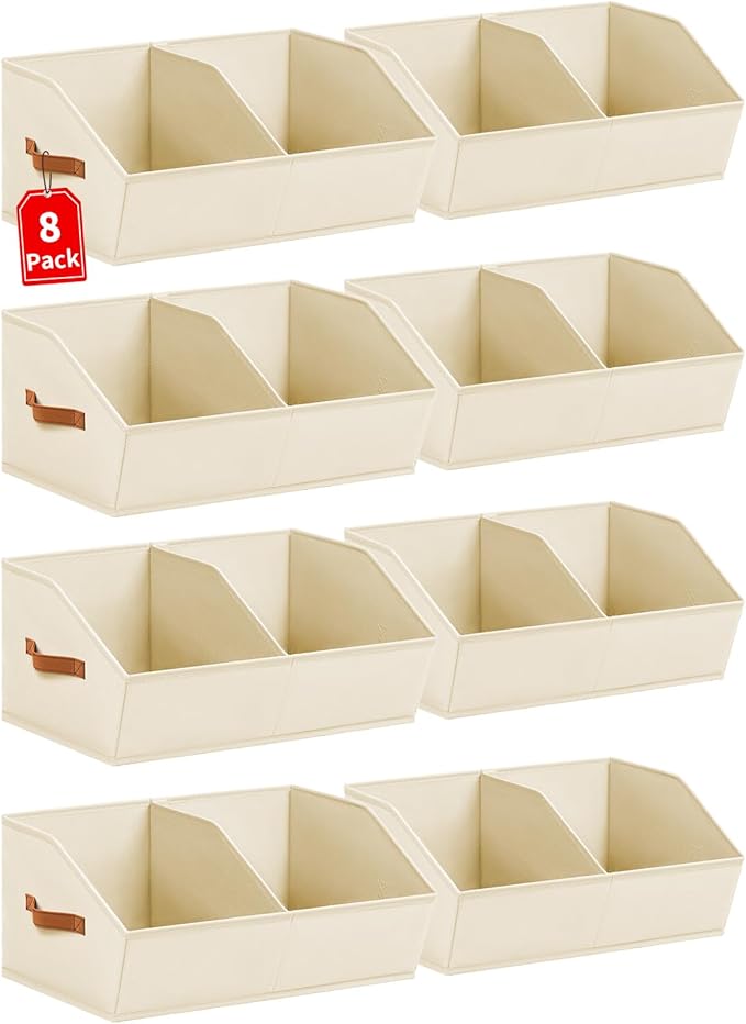 Closet Organizers and Storage Bins - 8 Pack Collapsible Divided Trapezoidal Cube Storage Bins Baskets with Orange Handle for Organizing Clothes Blankets, Toys, Books, Towels(Beige)