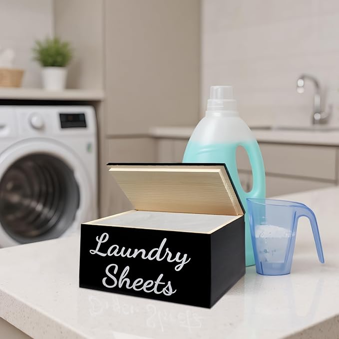 Wooden Laundry Dryer Sheet Holder, Dryer Sheet Dispenser with Lid for Laundry Room Organization, laundry dryer sheet box, Fabric Softener Laundry Beads Dispenser (Black)