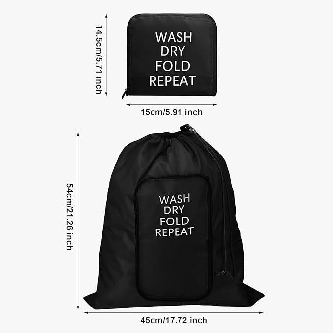 2 Pcs Travel Laundry Bag Washable Dirty Clothes Bag with Drawstring and Zipper for Suitcase, 22 x 18 Inch (Black, Blue,Classic)