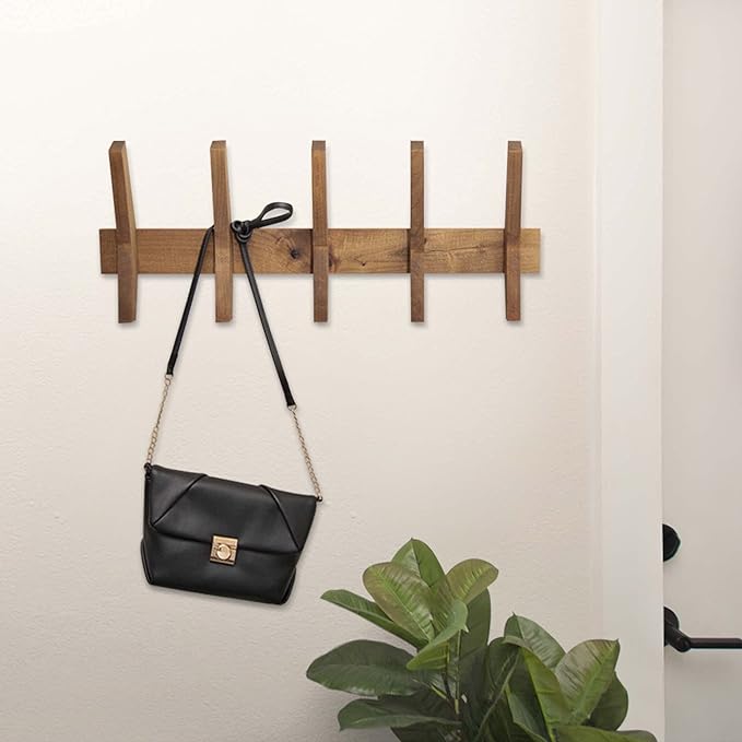 24-Inch Mid Century Coat Rack with 5 Wooden Hooks, Farmhouse Style Hookrail for Bedroom, Living Room, Hallway, and More, Solid Wood, 9.5" H x 24" W x 2.25" D, Walnut