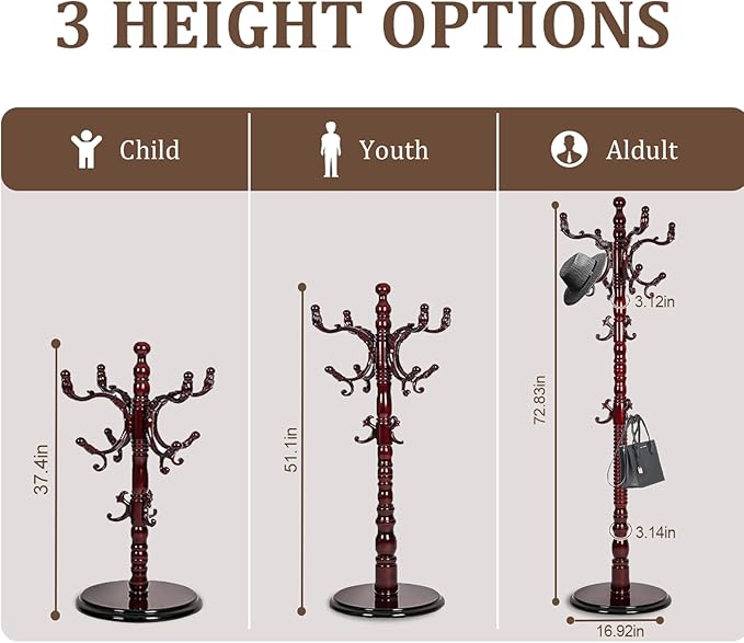 73”Vintage Wooden Coat Rack Freestanding,With 14 Hooks and Sturdy Round Base.Sturdy and Durable Standing Coat Racks，Adjustable Wooden Freestanding Coat Rack for Offices, Bedrooms (Mahogany)