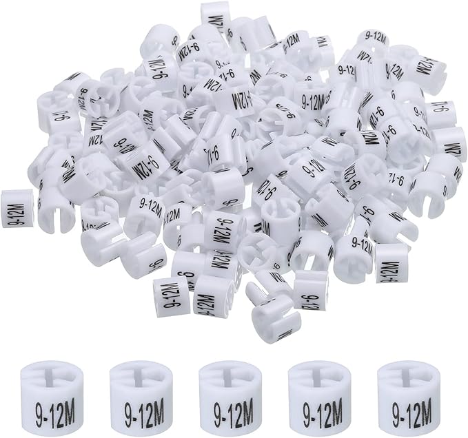MECCANIXITY Clothes Hanger Marker (9-12M, White) Colored Hanger Sizer Garment Markers Tag, Pack of 150
