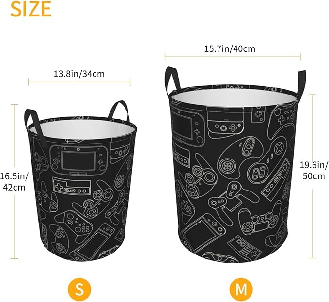 Video Game Controller Background Round Laundry Hamper Gaming Gadget Storage Basket Toys Clothes Organizer Bin For Home Bathroom Bedroom Dorm Nursery, 62l