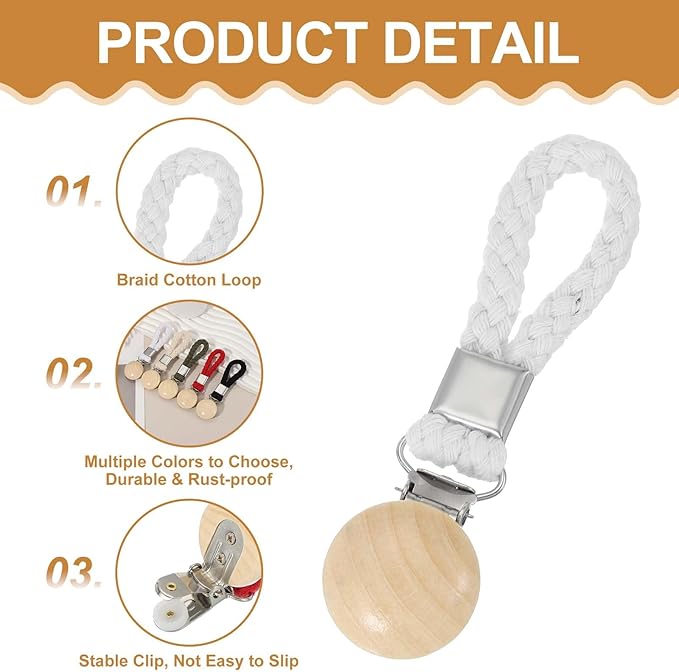 uxcell 5 Pcs Tea Towel Clips with Cotton Loop for Hanging, 4.3 Inch Metal Towel Hooks Multipurpose Cloth Hangers for Home Kitchen Bathroom, White(Wooden)