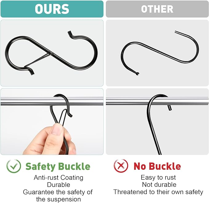 12 Pcs S Hooks for Hanging Heavy Duty, 3.5-inch Heavy Duty Metal S Hook with Safety Buckle, Suitable for 0.5 inch Rods, S Hook for Hanging Plants, Closet, Kitchen Utensil, Pot, Pan, Bags