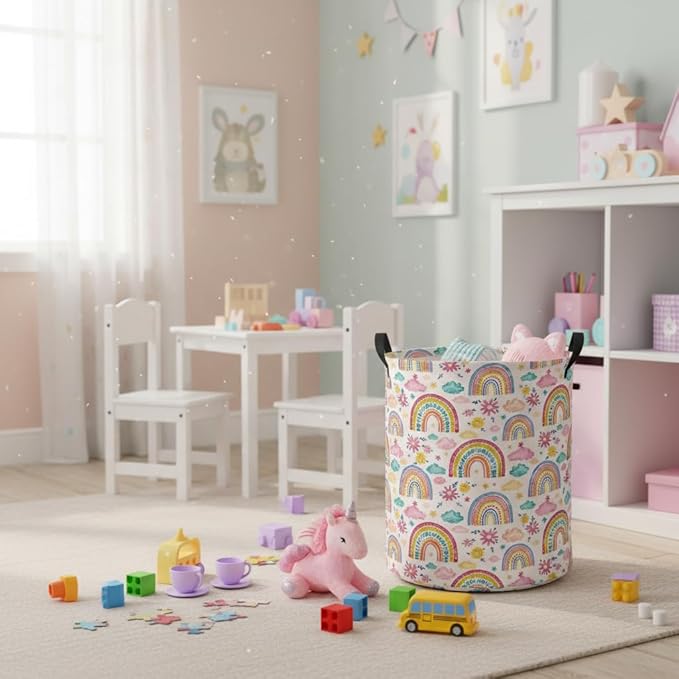 Baby Laundry Hamper kids laundry Basket Waterproof Laundry Bag for Bedroom Toy Clothes Organizer Room Décor(Pink Rainbow)