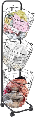 3 Tier Laundry Basket on Wheels Breathable & Detachable Laundry Hampers Tilt-out Clothing Sorting Baskets Snack Storage Cart Metal Rack Shelf with Practical Hooks for Bedroom Kitchen Black