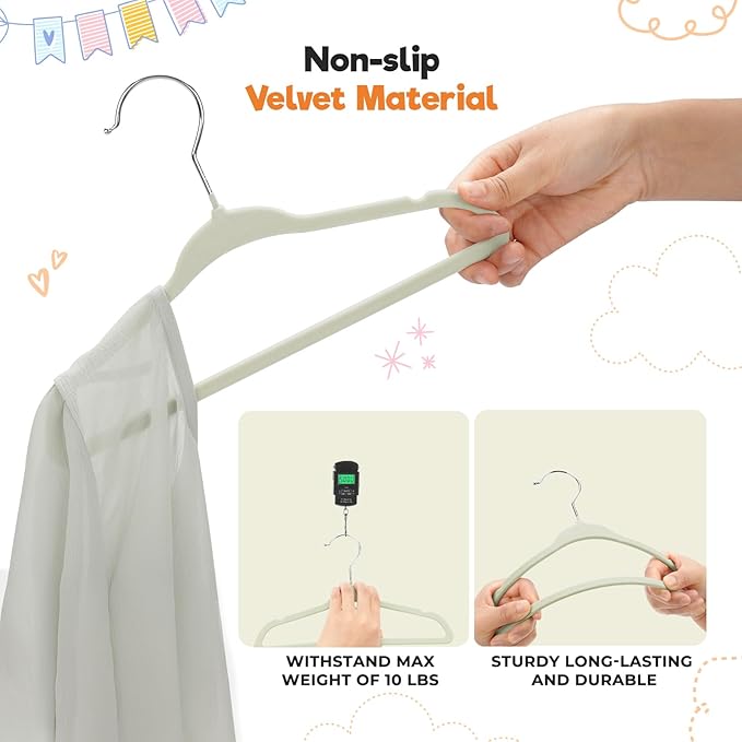 Velvet Baby Hangers with 10x Clips and 8X Dividers (30 Pack) | 11” Ultra-Slim Baby Clothes Hangers | Non-Slip Felt | Space-Saving Nursery & Infant Closet Organizer | Beige