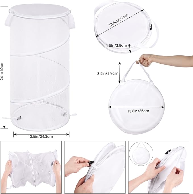 BATTOO Large Collapsible Laundry Basket with Lid Foldable Mesh Pop Up Hamper with Handles for Laundry Room, Bathroom, Kids Room, College Dorm, Travel, Storage Organizer White