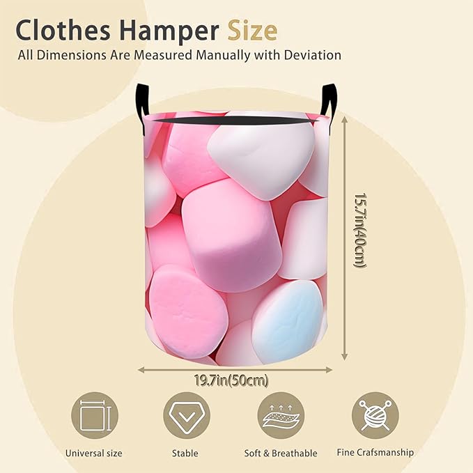 Marshmallow Laundry Basket Hamper for Boys Girls Kids Adults, Foldable Waterproof Oxford Clothes Storage Bin, Pink Candy Organizer for Bedroom Bathroom Room Decor 19.7"x15.8"