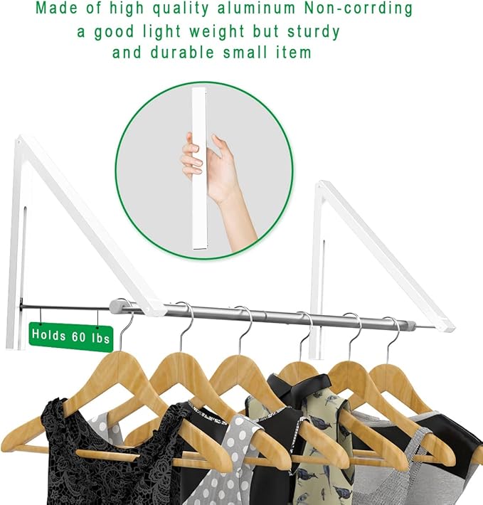 Laundry Room Drying Rack Wall Mounted Clothes Hanger Folding Wall Coat Racks Aluminum Home Storage Organiser Space Savers White 2 Rakcs with Rod