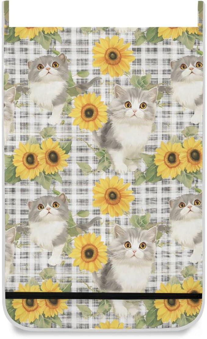 Hanging Laundry Hamper with Stainless Steel Hooks,Oxford Fabric Printing Door Laundry Clothes Bag, 29.5X20inch 2PCS Grey Gingham Scottsih Fold Cat Sunflower