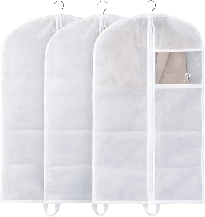 50" Garment Bags for Hanging Clothes, Pack of 3 Suit & Dress Covers for Storage and Travel, Long Gown Bags with Zipper, Classic White