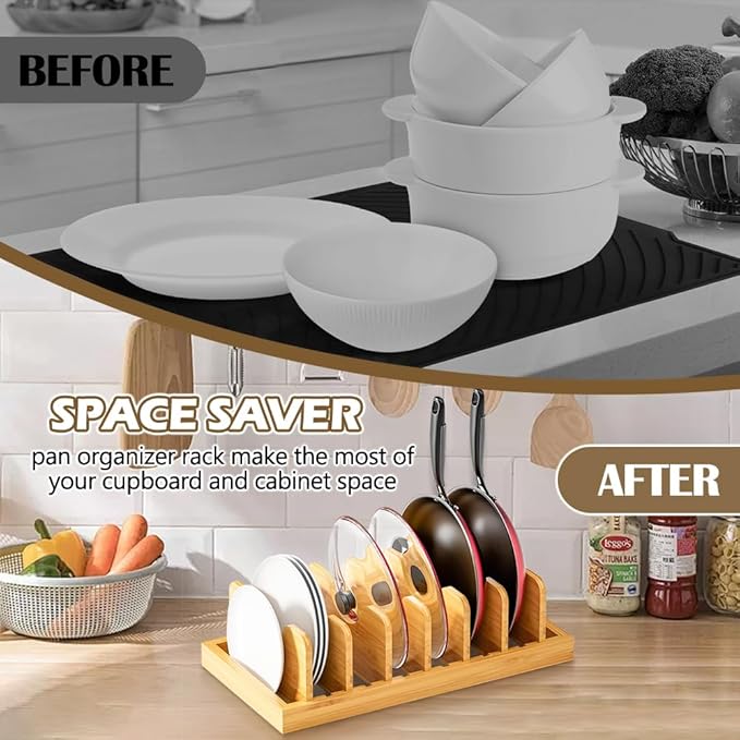 Bamboo Pan Pot Lids Organizer with Dish Drying Mats, Kitchen Organizers and Storage with 6 Dividers, Dish Drainer for Kitchen Counter Holder, Ideal for Pots, Cutting Boards, Mats, Cookware