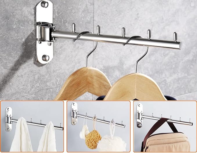 Clothes Hanger Rack Swing Arm, Folding Clothes Hanger Wall Mounted Space Saving Drying Rack, Stainless Steel 304 Laundry Room Valet Hook Holder, Foldable Hanging Hook Rod (Silver)
